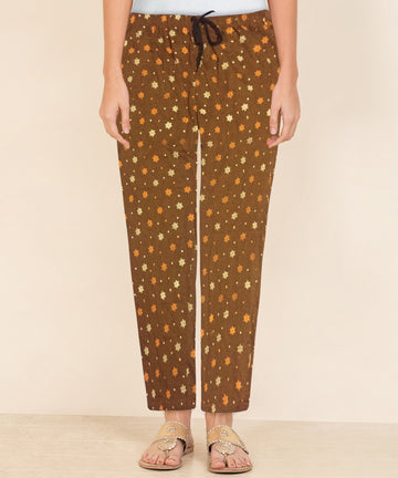 Afra Women Printed Pyjama Pants | OE Cloth | Nightwear & Lounge Wear | Comfortable Elastic Waist(Brown)