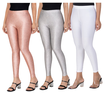 AFRA Women's Lycra Shimmer Leggings Pack of 3 – Full Length (ROSE GOLD-SILVER- WHITE)