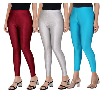 AFRA Women's Shimmer Leggings /Trendy Party Wear Combo (Maroon-Silver-Peacock blue)