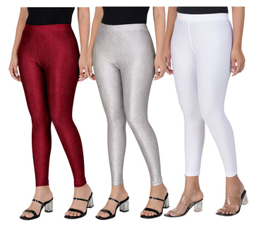 Afra Combo Premium Shimmer Leggings for Women (Maroon-Silver- White)