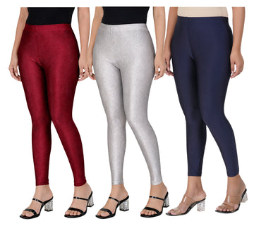 AFRA Women's Shimmer Leggings /Trendy Party Wear Combo (Maroon-Silver- Black)