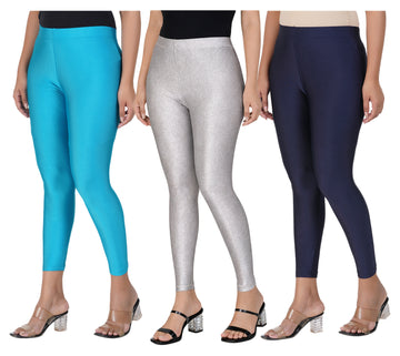 AFRA Women's Shimmer Leggings /Trendy Party Wear Combo (Peacock green -Silver- Navy Blue
