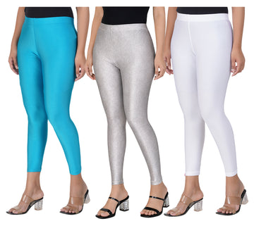 AFRA Women's Lycra Shimmer Leggings – Full Length Combo (Peacock green -Silver- White)