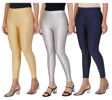 AFRA Women Shimmer Leggings Combo (GOLD-SILVER-NAVY BLUE)