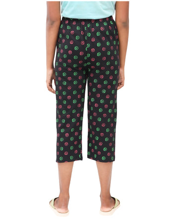 Afra Women Capri Pant | 3/4th Length | Printed OE Cloth | Comfortable Elastic Waist | Casual & Daily Wear(Black)