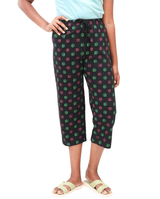 Afra Women Capri Pant | 3/4th Length | Printed OE Cloth | Comfortable Elastic Waist | Casual & Daily Wear(Black)