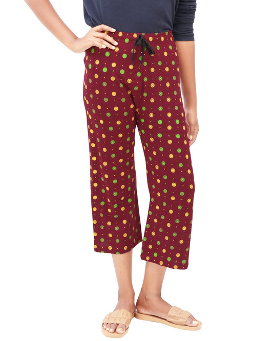 Afra Women Capri Pant | 3/4th Length | Printed OE Cloth | Comfortable Elastic Waist | Casual & Daily Wear (Meroon)