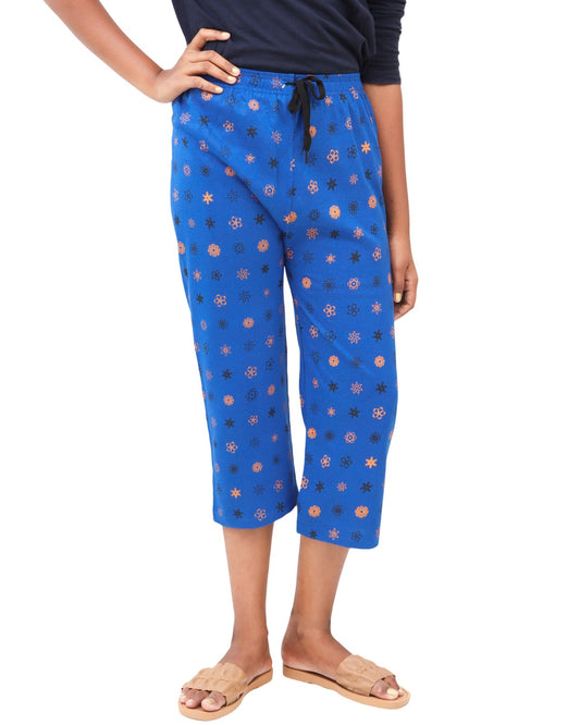 Afra Women Capri Pant | 3/4th Length | Printed OE Cloth | Comfortable Elastic Waist | Casual & Daily Wear(Blue)