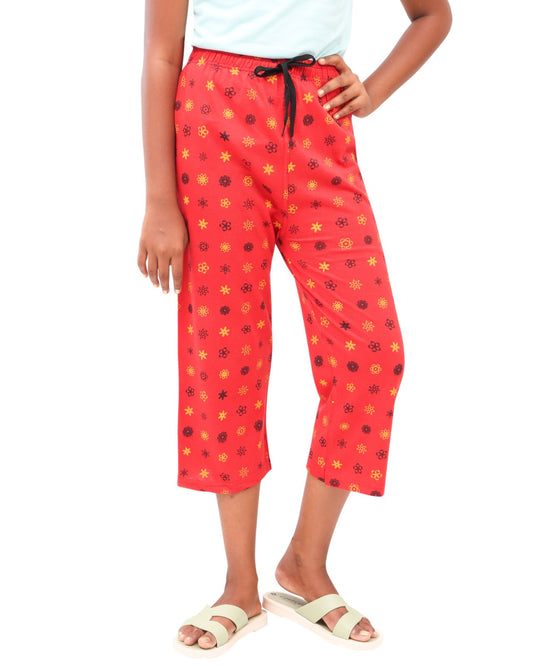 Afra Women Capri Pant | 3/4th Length | Printed OE Cloth | Comfortable Elastic Waist | Casual & Daily Wear(Red)