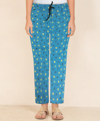 Afra Women Printed Pyjama Pants | OE Cloth | Nightwear & Lounge Wear | Comfortable Elastic Waist (Blue)