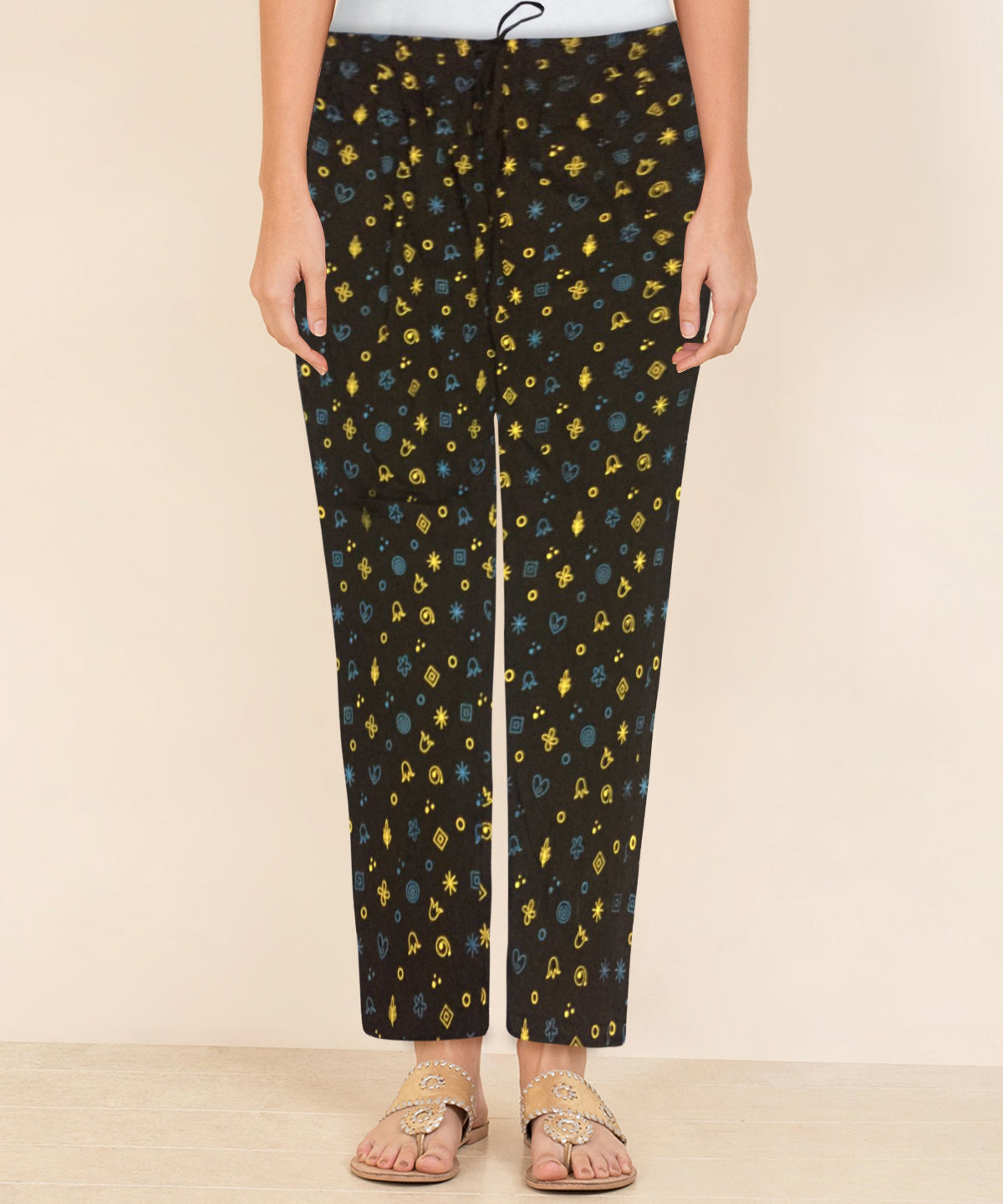 Afra Women Printed Pyjama Pants | OE Cloth | Nightwear & Lounge Wear | Comfortable Elastic Waist(Black)