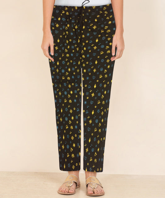 Afra Women Printed Pyjama Pants | OE Cloth | Nightwear & Lounge Wear | Comfortable Elastic Waist(Black)