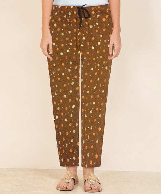Afra Women Printed Pyjama Pants | OE Cloth | Nightwear & Lounge Wear | Comfortable Elastic Waist(Brown)
